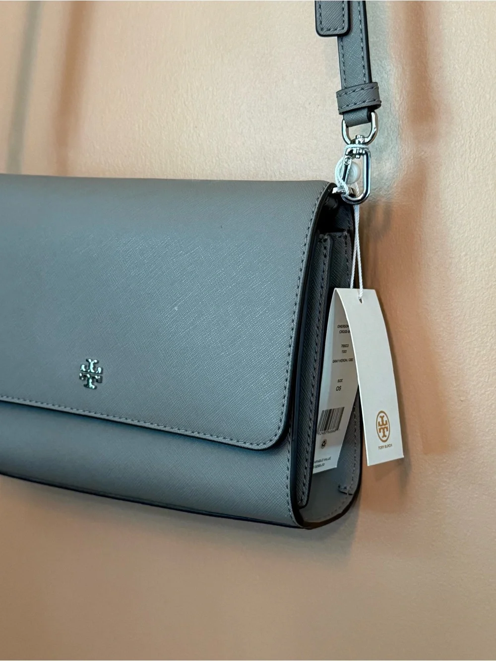 Tory‎ Burch Emerson Combo Crossbody Bag Gray Heron Leather Purse NWT
